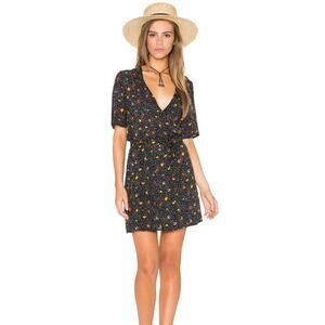 Faithfull The Brand Luna Wrap Mini Dress Women 2 Black Floral Waist Tie Boho NWT